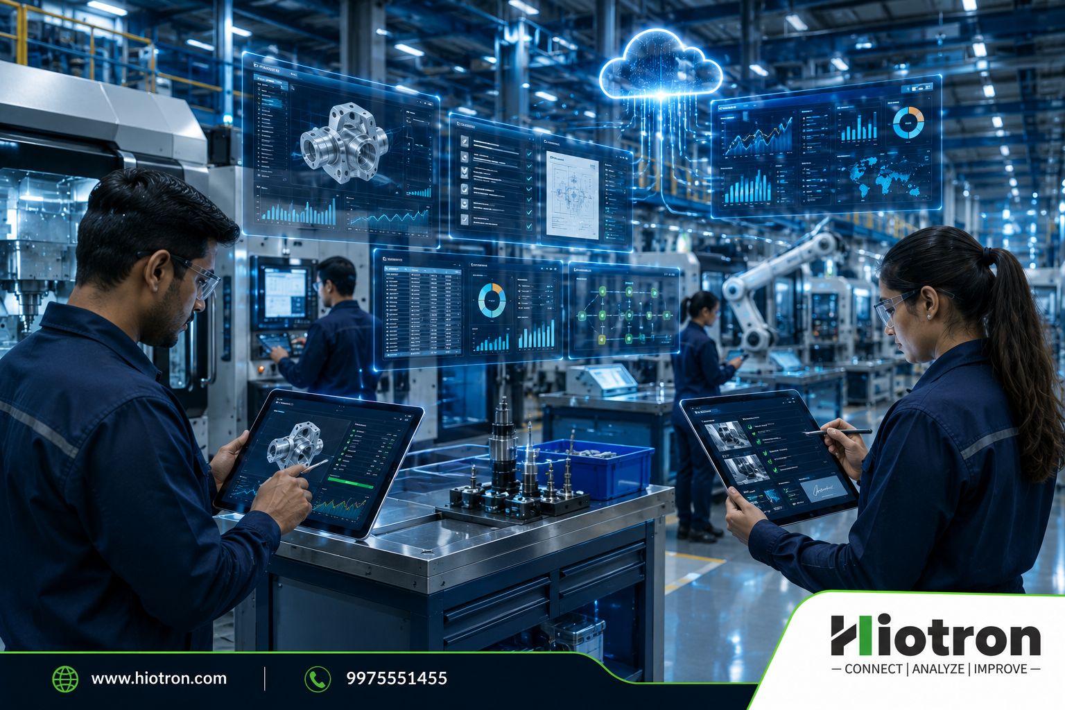 Engineers on a shop floor reviewing digital work instructions and dashboards on tablets, with production data displayed on connected screens